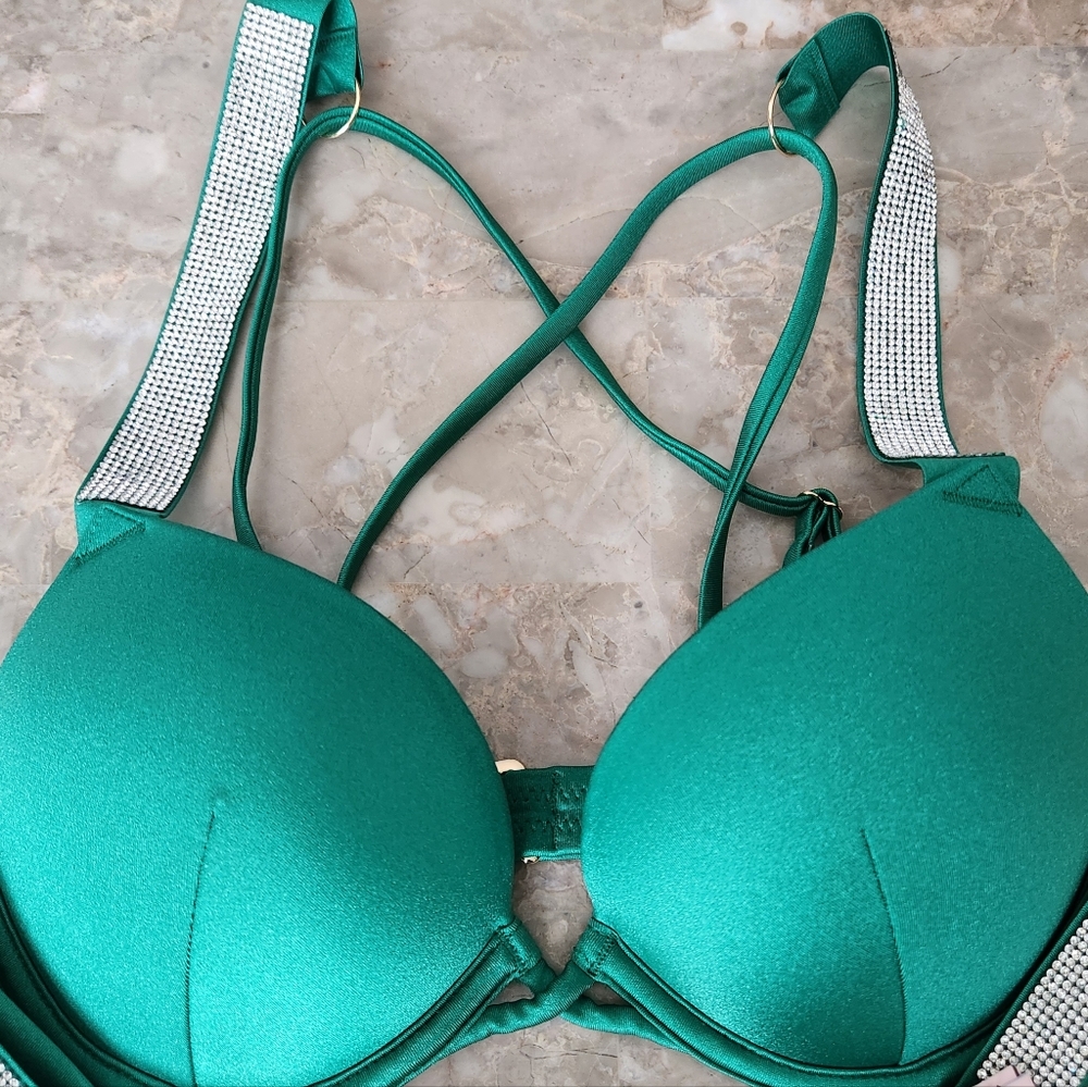 VS Swim 38DD Bombshell Shine Strap Add-2-Cups Push-Up Bikini Top Verdant Green